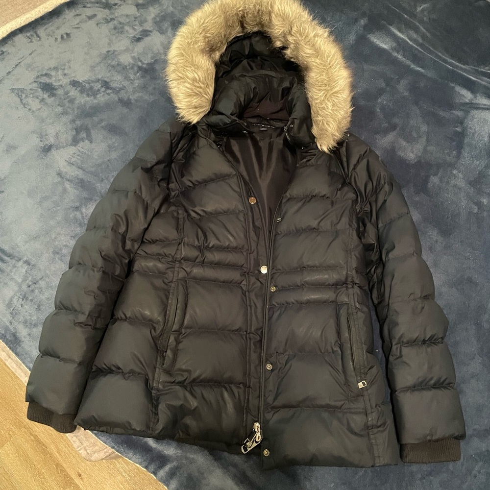 Women's Dark Blue Puffer Jacket with Faux Fur Hood